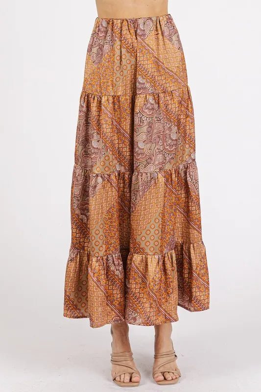 Women Maxi Skirt Paisley Patchwork Satin Maxi Skirt – Tiered Boho Elegance casual outfit boutique fashion - BespokeX Wear