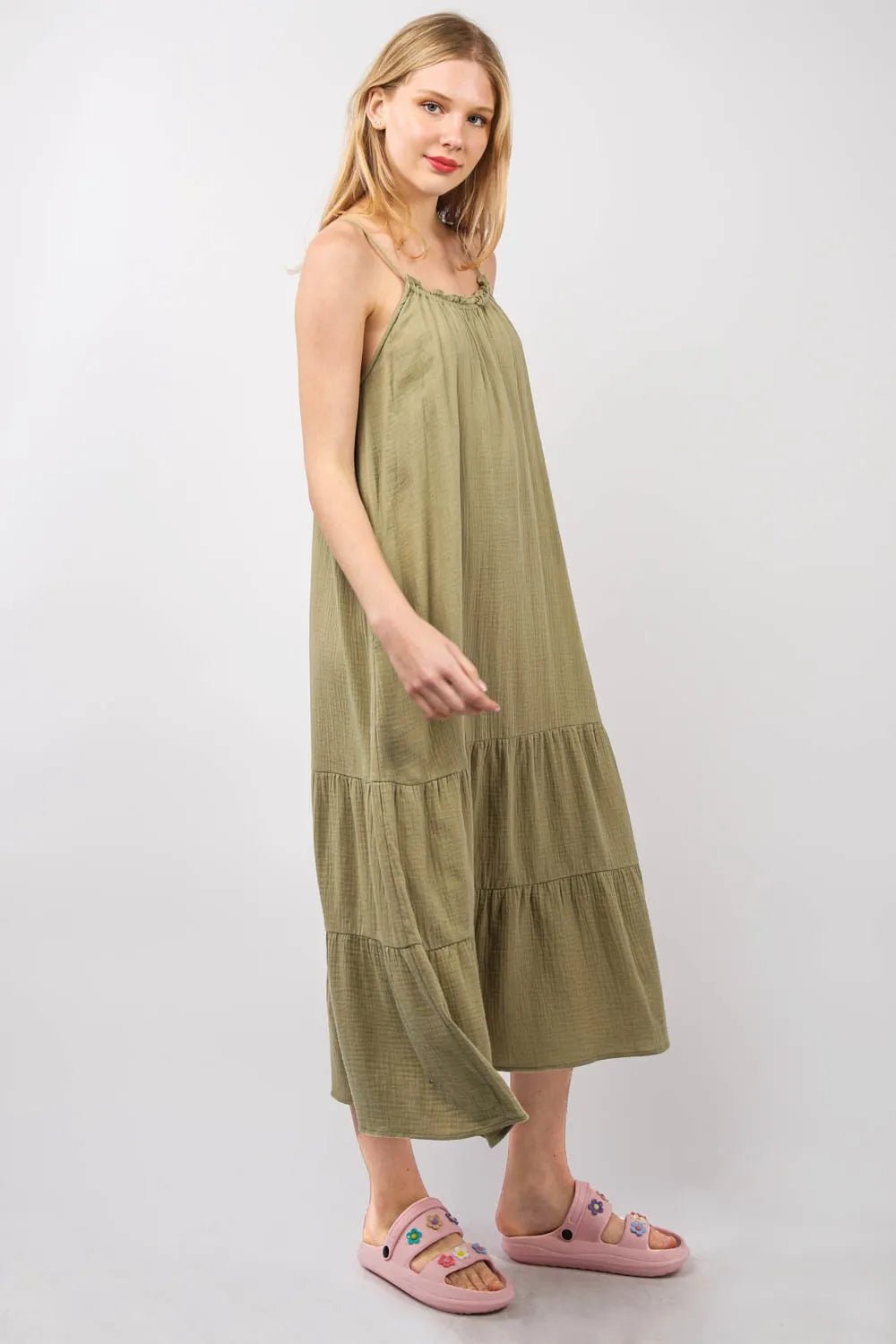 Women Midi Dress Olive Cotton Gauze Tiered Midi Dress with Pockets – Adjustable Strap Cami casual outfit boutique fashion - BespokeX Wear