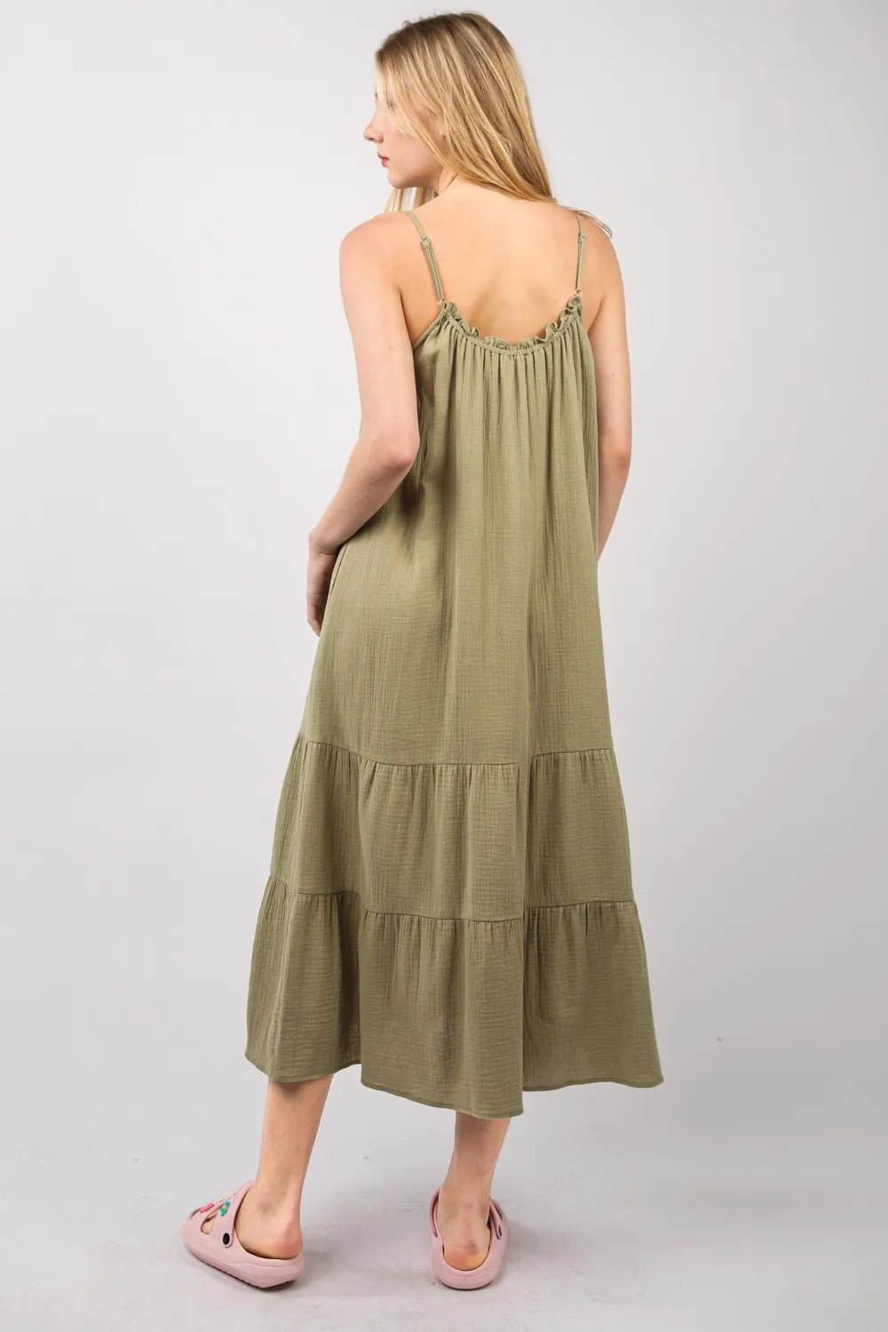 Women Midi Dress Olive Cotton Gauze Tiered Midi Dress with Pockets – Adjustable Strap Cami casual outfit boutique fashion - BespokeX Wear