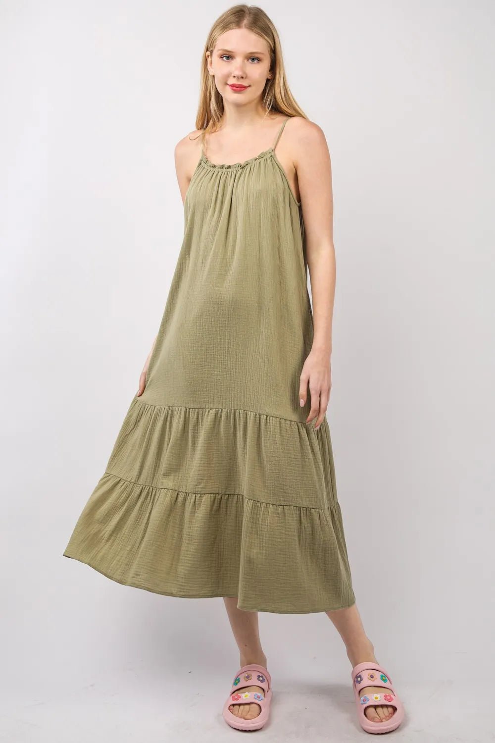 Women Midi Dress Olive Cotton Gauze Tiered Midi Dress with Pockets – Adjustable Strap Cami casual outfit boutique fashion - BespokeX Wear