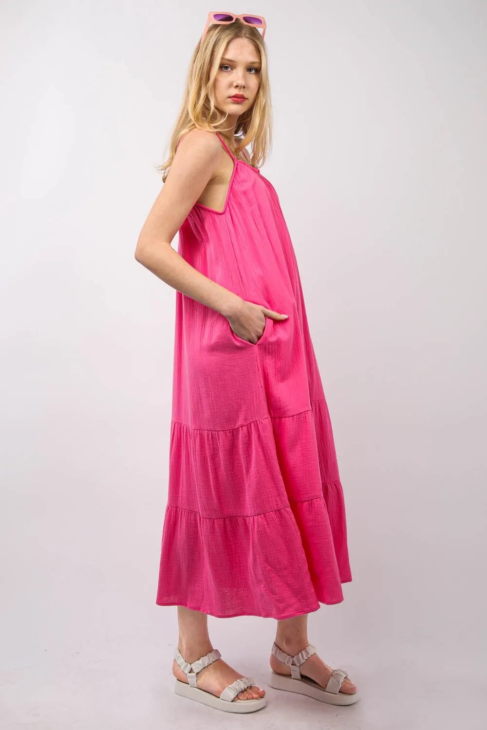 Women Midi Dress Riley Cotton Gauze Tiered Midi Dress – Adjustable Straps & Pockets casual outfit boutique fashion - BespokeX Wear