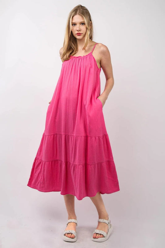Women Midi Dress Riley Cotton Gauze Tiered Midi Dress – Adjustable Straps & Pockets casual outfit boutique fashion - BespokeX Wear