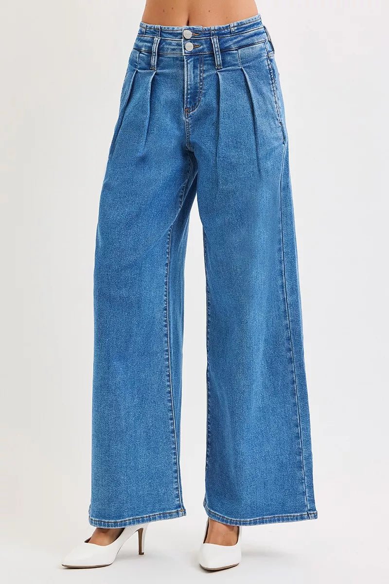Women Plus Size Jeans RISEN Plus Size Mid - Rise Wide - Leg Jeans with Pleated Detail casual outfit boutique fashion - BespokeX Wear