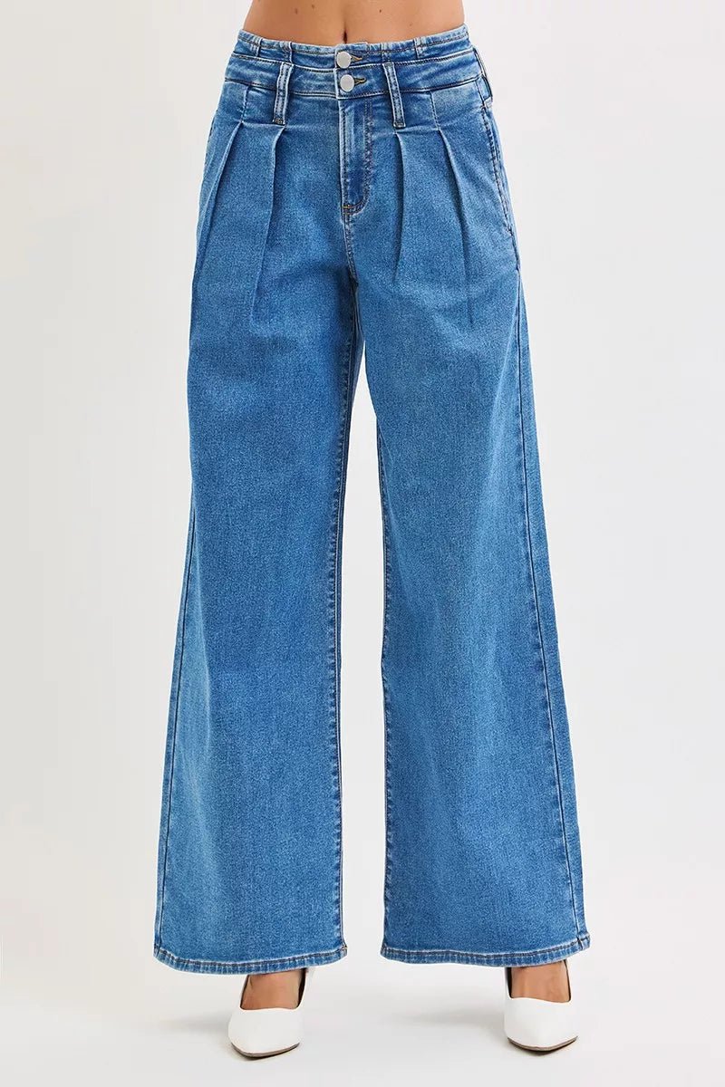 Women Plus Size Jeans RISEN Plus Size Mid - Rise Wide - Leg Jeans with Pleated Detail casual outfit boutique fashion - BespokeX Wear