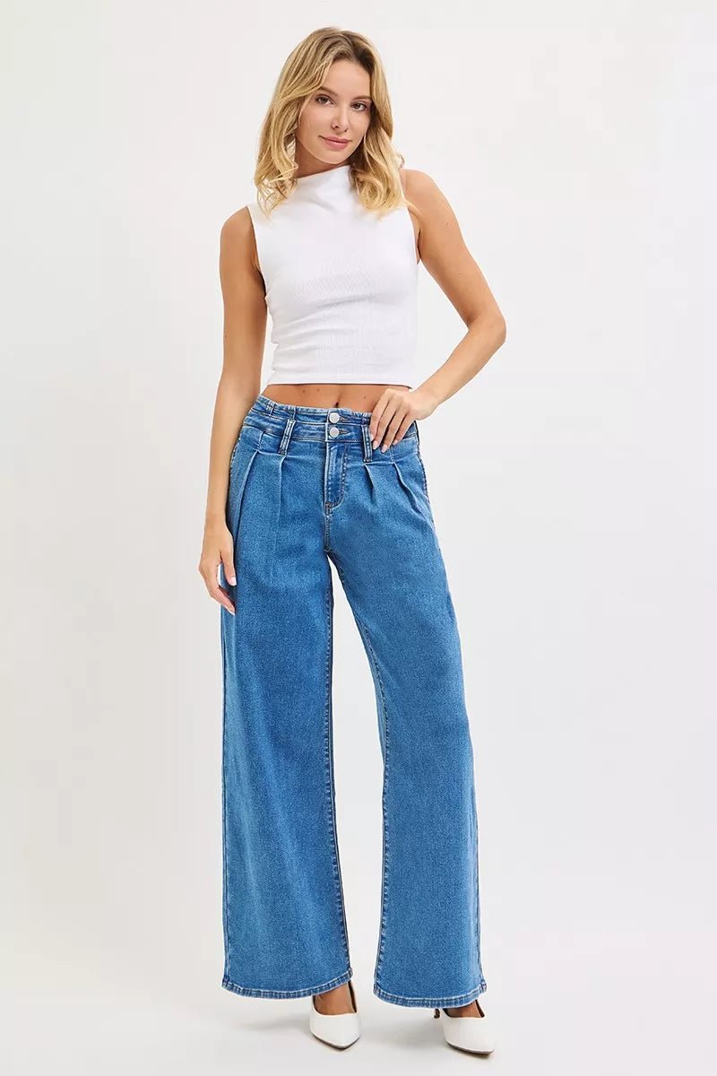 Women Plus Size Jeans RISEN Plus Size Mid - Rise Wide - Leg Jeans with Pleated Detail casual outfit boutique fashion - BespokeX Wear