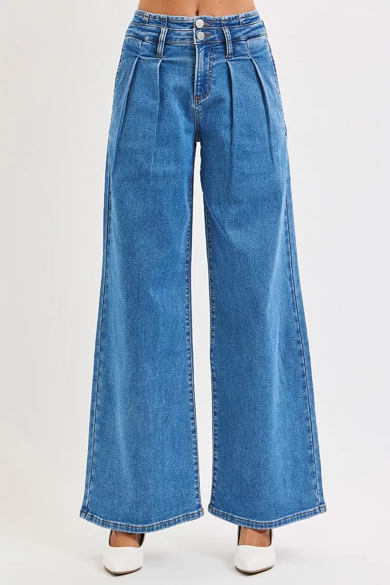 Women Plus Size Jeans RISEN Plus Size Mid - Rise Wide - Leg Jeans with Pleated Detail casual outfit boutique fashion - BespokeX Wear