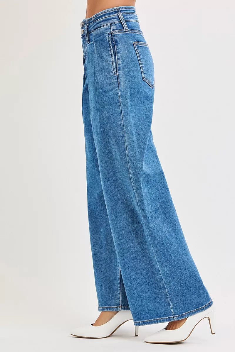 Women Plus Size Jeans RISEN Plus Size Mid - Rise Wide - Leg Jeans with Pleated Detail casual outfit boutique fashion - BespokeX Wear