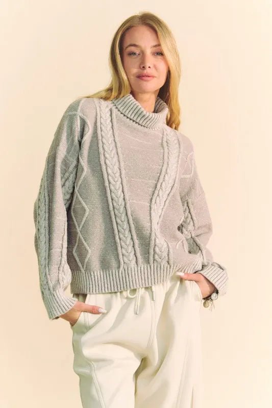Women Sweater Cable - Knit Turtleneck Sweater with Dropped Shoulders – Gray casual outfit boutique fashion - BespokeX Wear
