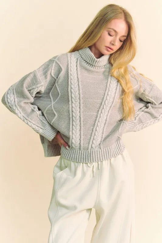 Women Sweater Cable - Knit Turtleneck Sweater with Dropped Shoulders – Gray casual outfit boutique fashion - BespokeX Wear