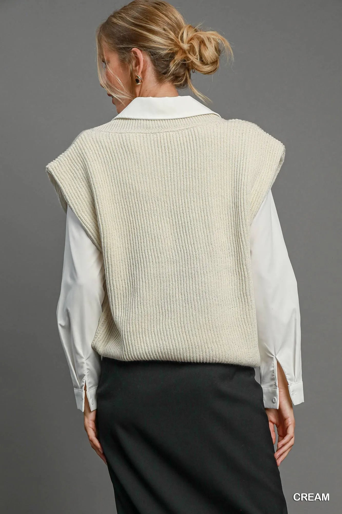 Women Sweater Vest Umgee Oversized V - Neck Sweater Vest – Cream Layering Essential casual outfit boutique fashion - BespokeX Wear