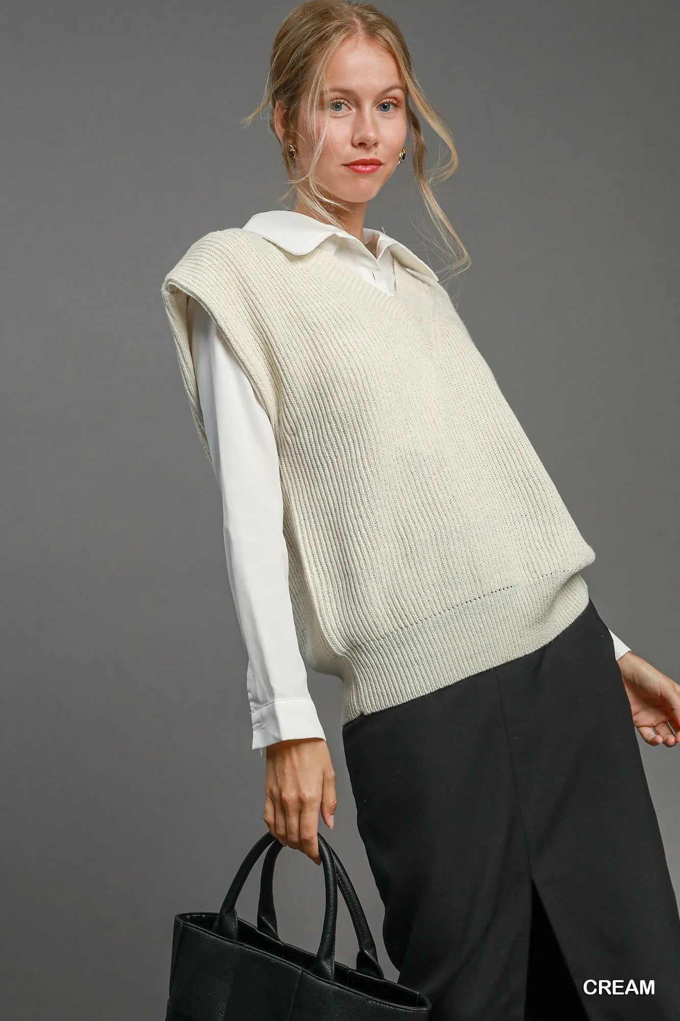 Women Sweater Vest Umgee Oversized V - Neck Sweater Vest – Cream Layering Essential casual outfit boutique fashion - BespokeX Wear