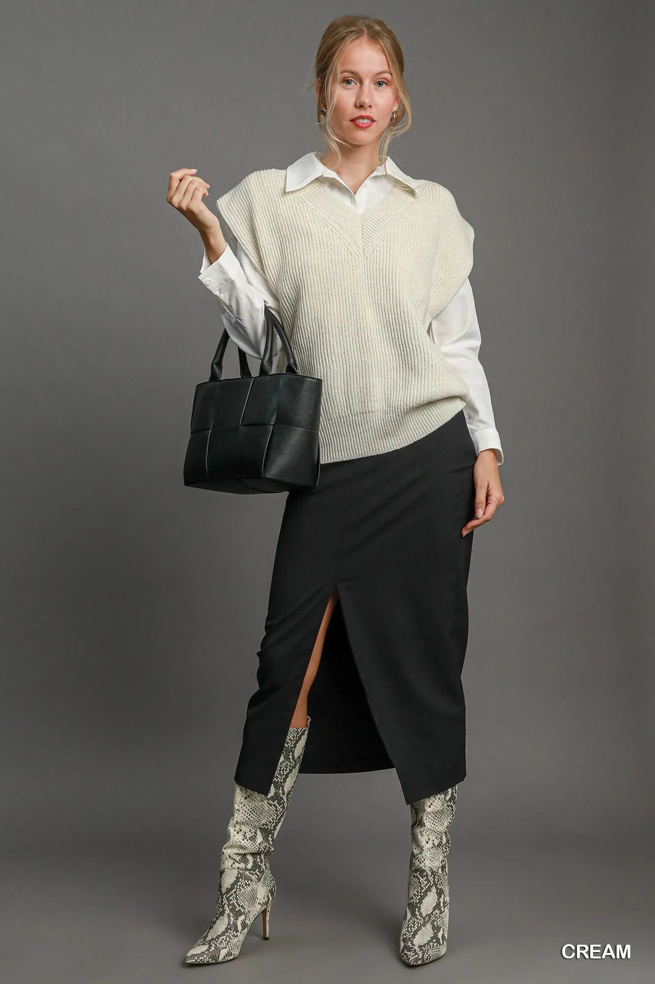 Women Sweater Vest Umgee Oversized V - Neck Sweater Vest – Cream Layering Essential casual outfit boutique fashion - BespokeX Wear