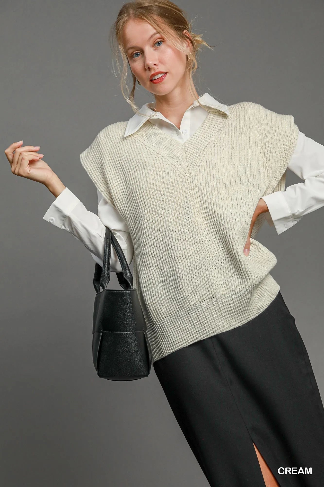 Women Sweater Vest Umgee Oversized V - Neck Sweater Vest – Cream Layering Essential casual outfit boutique fashion - BespokeX Wear