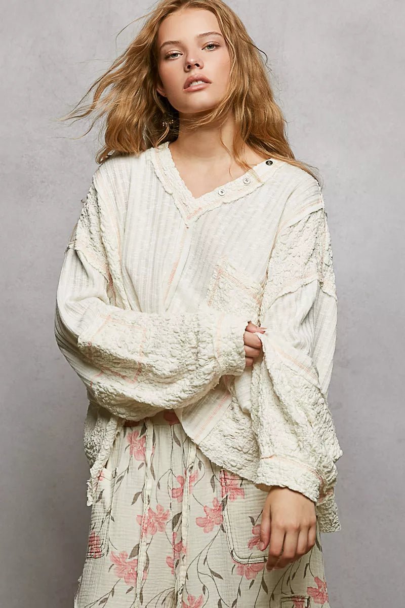 Women Top Balloon Sleeve Ribbed Stitch Top casual outfit boutique fashion - BespokeX Wear