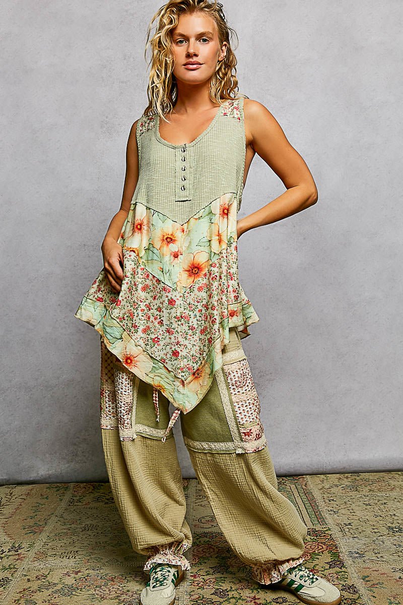 Women Top POL Ribbed Tank Top with Woven Print Patch & Metal Button Placket casual outfit boutique fashion - BespokeX Wear
