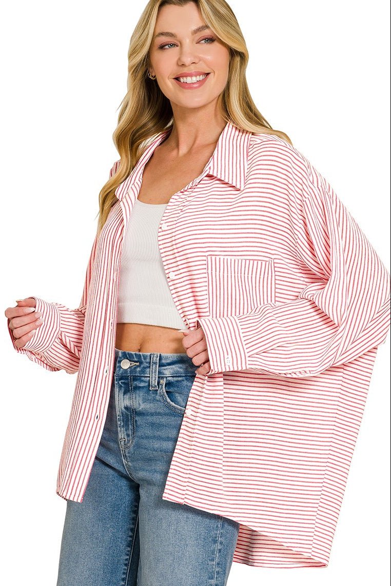 Women Top Zenana Woven Stripe Button - Down Oversized Shirt with Pockets casual outfit boutique fashion - BespokeX Wear