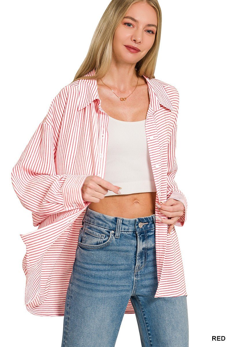 Women Top Zenana Woven Stripe Button - Down Oversized Shirt with Pockets casual outfit boutique fashion - BespokeX Wear