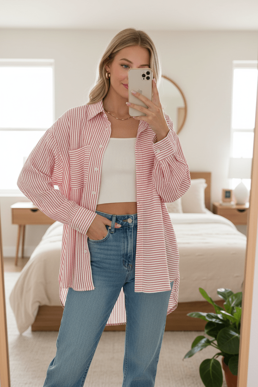 Women Top Zenana Woven Stripe Button - Down Oversized Shirt with Pockets casual outfit boutique fashion - BespokeX Wear