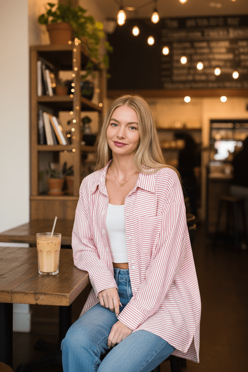 Women Top Zenana Woven Stripe Button - Down Oversized Shirt with Pockets casual outfit boutique fashion - BespokeX Wear