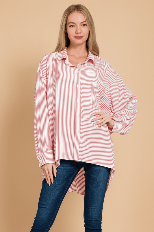 Women Top Zenana Woven Stripe Button - Down Oversized Shirt with Pockets casual outfit boutique fashion - BespokeX Wear