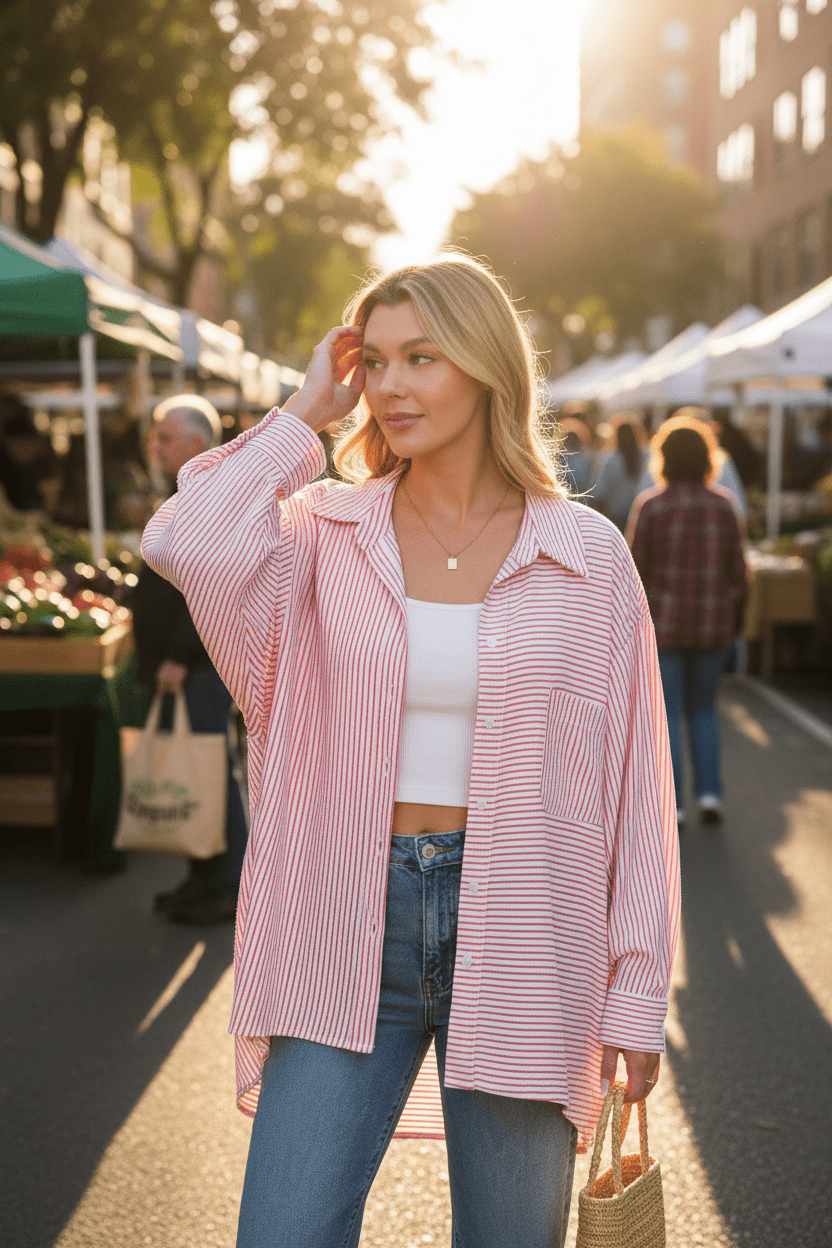 Women Top Zenana Woven Stripe Button - Down Oversized Shirt with Pockets casual outfit boutique fashion - BespokeX Wear