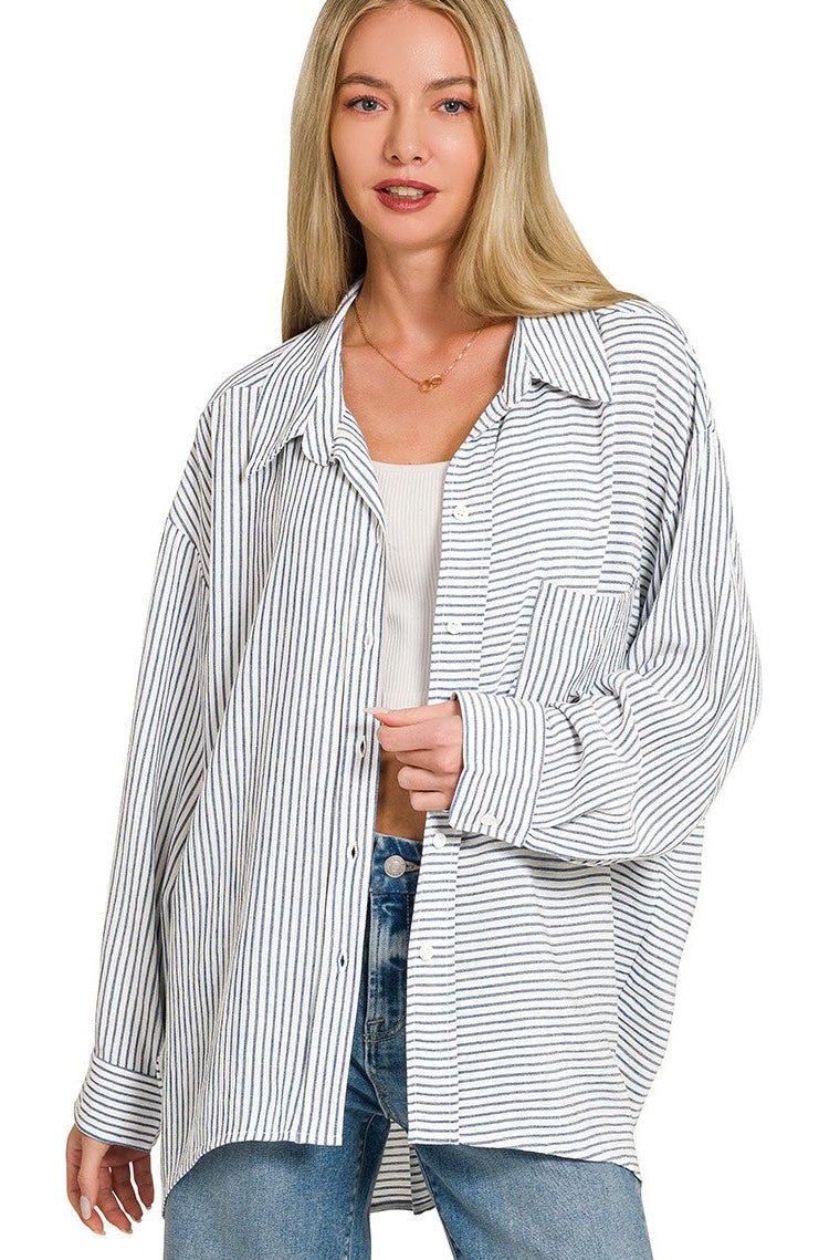 Women Top Zenana Woven Stripe Button - Down Shirt with Pockets casual outfit boutique fashion - BespokeX Wear