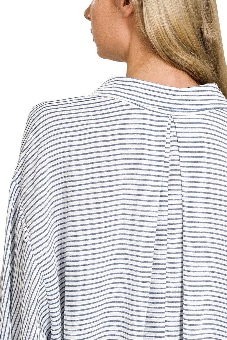 Women Top Zenana Woven Stripe Button - Down Shirt with Pockets casual outfit boutique fashion - BespokeX Wear