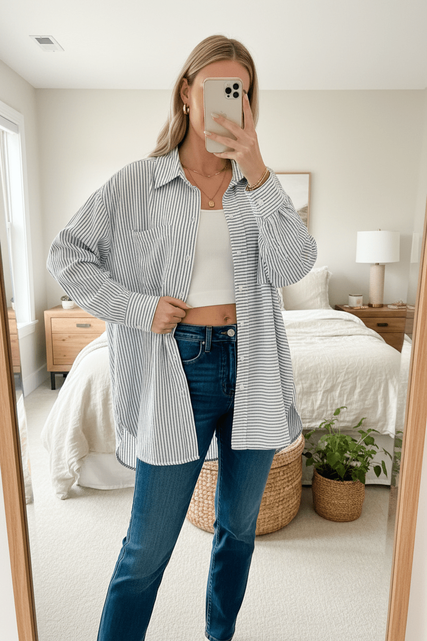 Women Top Zenana Woven Stripe Button - Down Shirt with Pockets casual outfit boutique fashion - BespokeX Wear