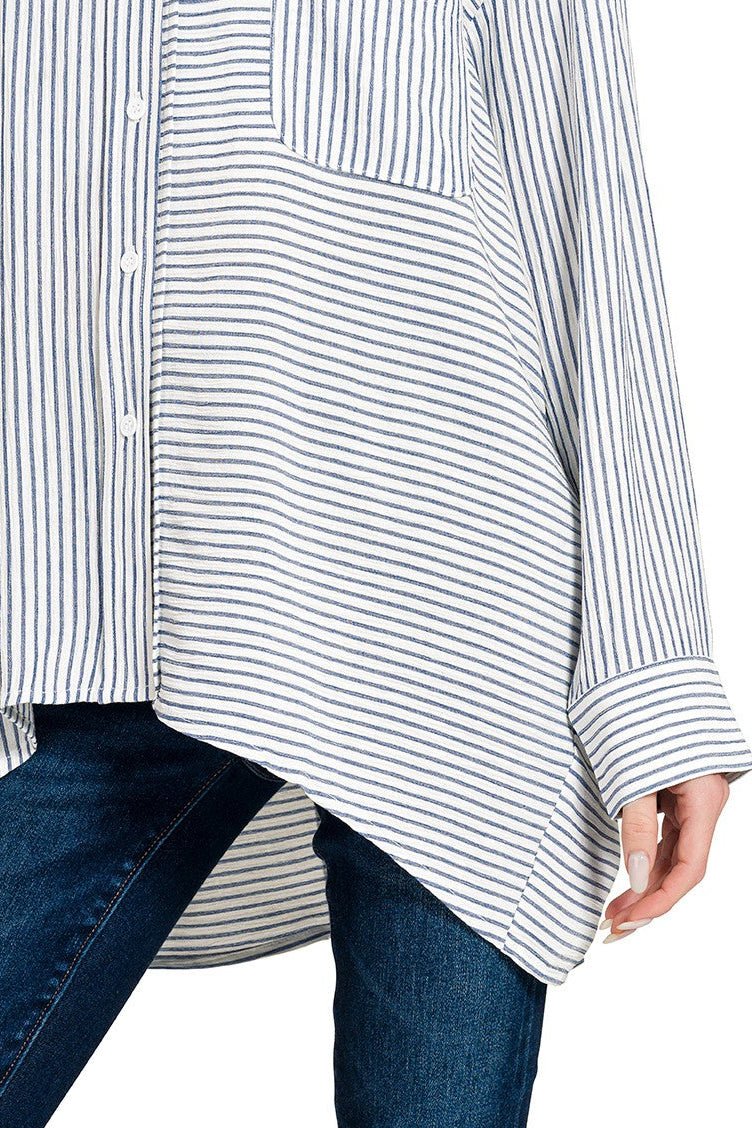 Women Top Zenana Woven Stripe Button - Down Shirt with Pockets casual outfit boutique fashion - BespokeX Wear