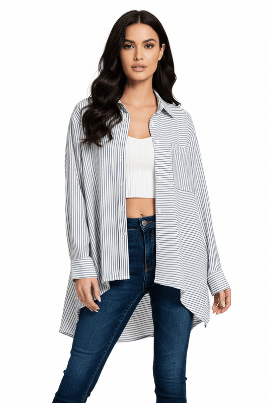 Women Top Zenana Woven Stripe Button - Down Shirt with Pockets casual outfit boutique fashion - BespokeX Wear