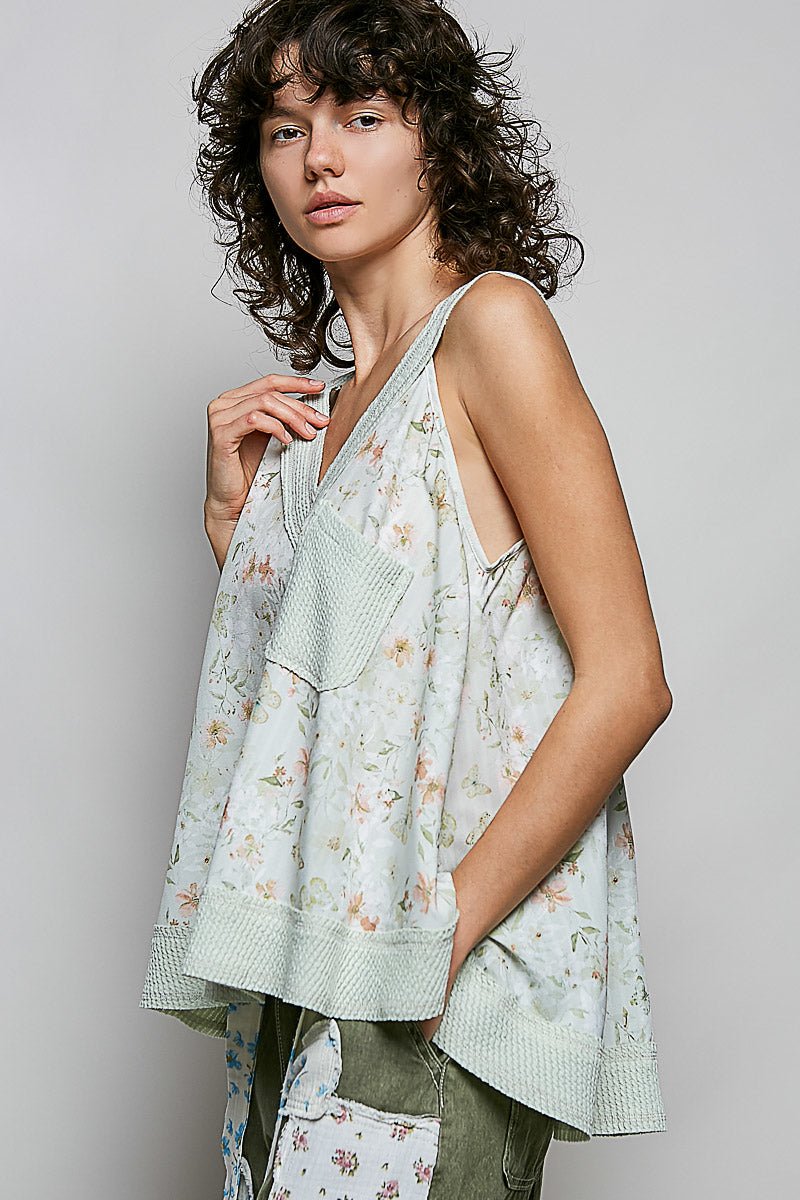 Women Tops Floral V - Neck Tank Top with Front Pocket – Women's Boho Casual Top casual outfit boutique fashion - BespokeX Wear