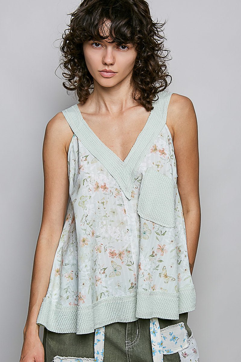Women Tops Floral V - Neck Tank Top with Front Pocket – Women's Boho Casual Top casual outfit boutique fashion - BespokeX Wear