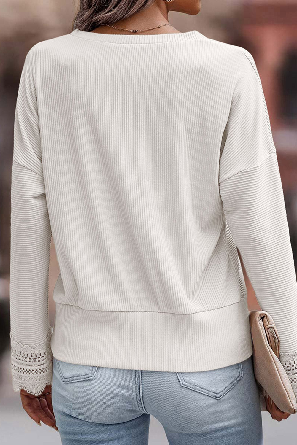 Women Tops Ribbed Lace Trim Long Sleeve Top casual outfit boutique fashion - BespokeX Wear