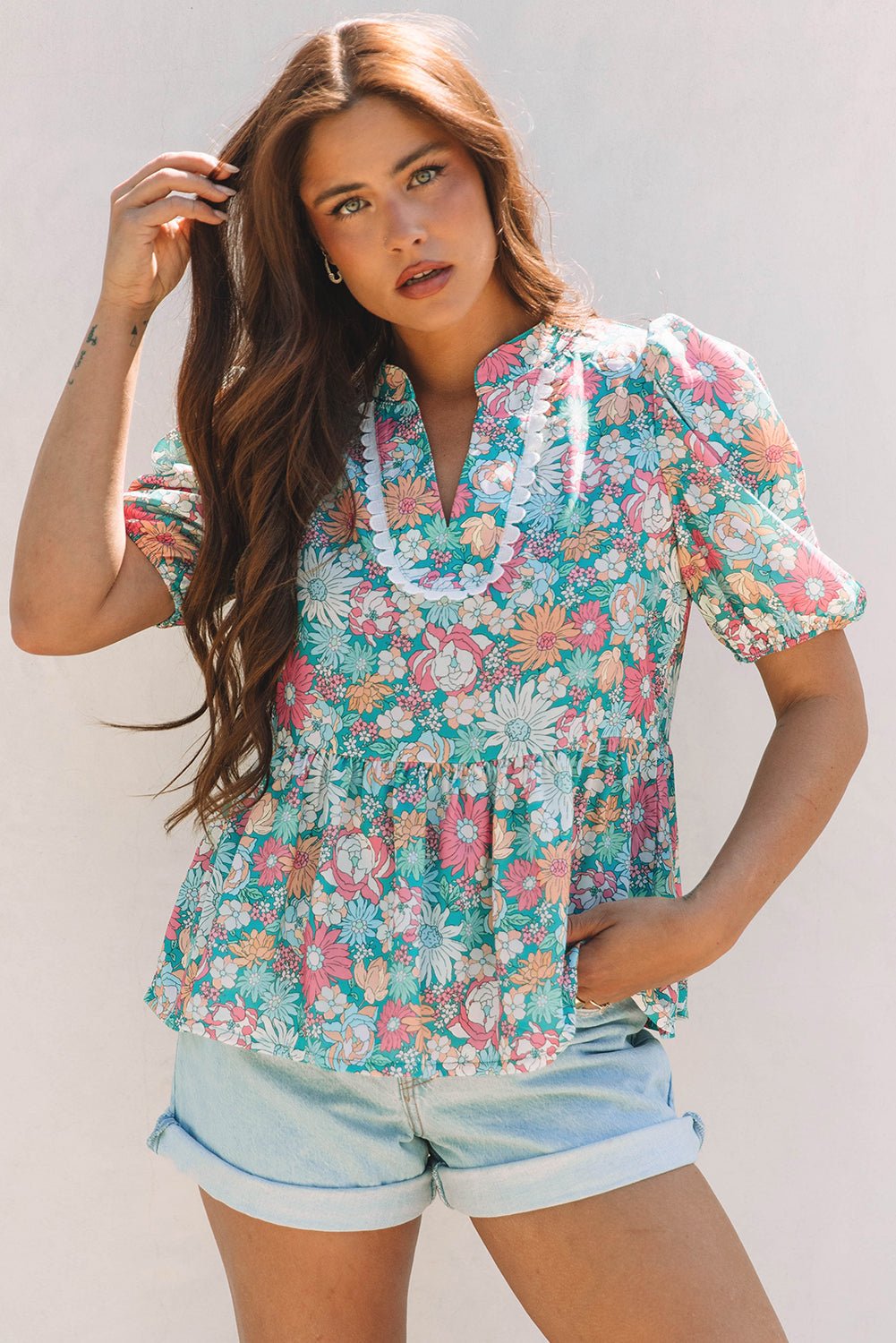 Women Tops/Blouses & Shirts Floral Puff Sleeve Blouse casual outfit boutique fashion - BespokeX Wear