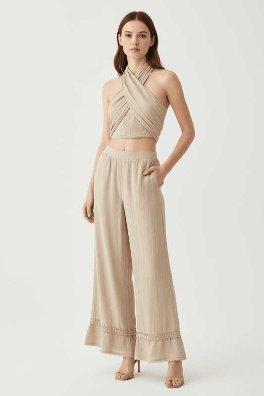 Women Two - Piece Set Elegant Cross Wrap Crop Top & Wide Leg Pants Set casual outfit boutique fashion - BespokeX Wear