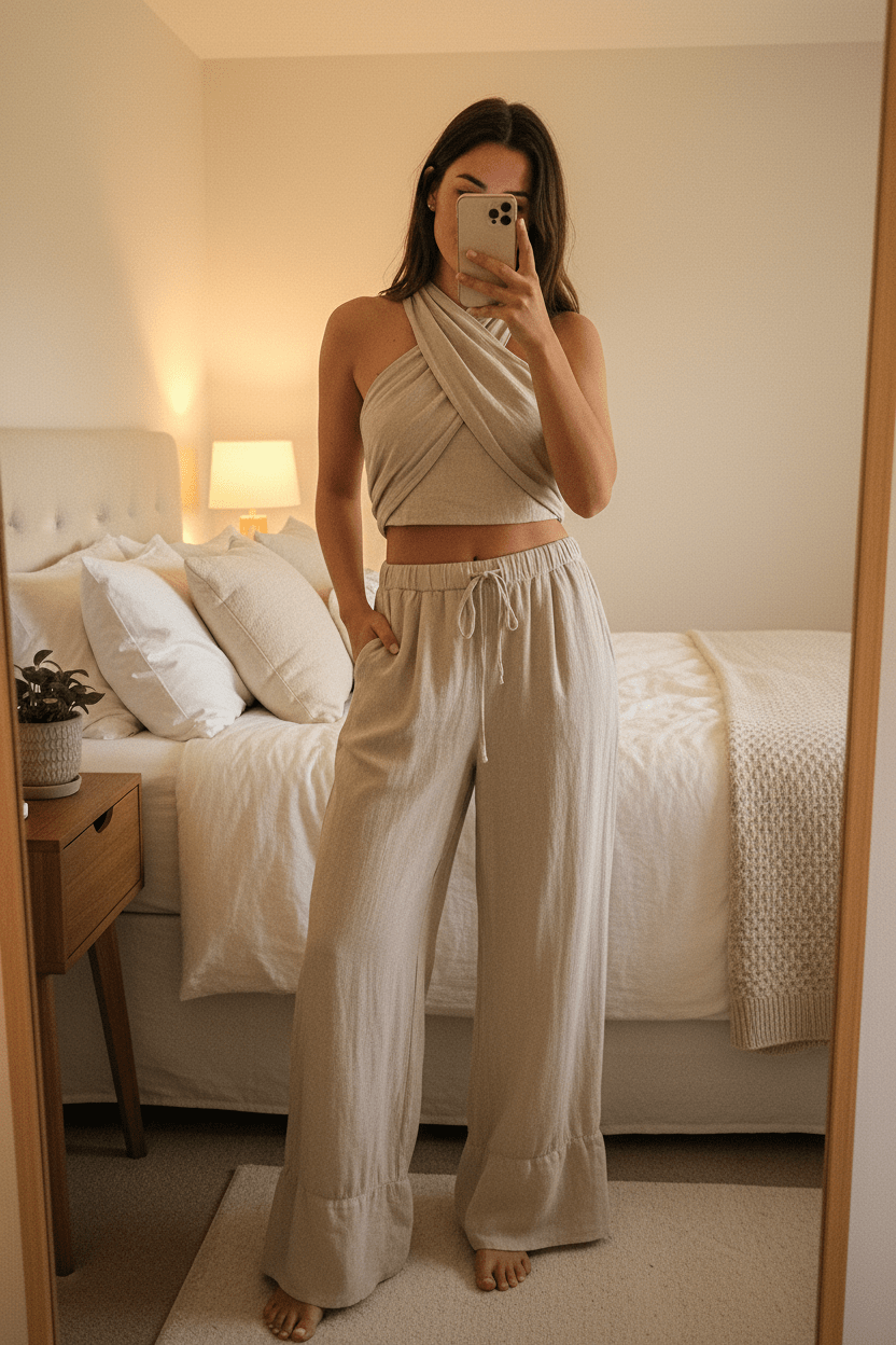 Women Two - Piece Set Elegant Cross Wrap Crop Top & Wide Leg Pants Set casual outfit boutique fashion - BespokeX Wear
