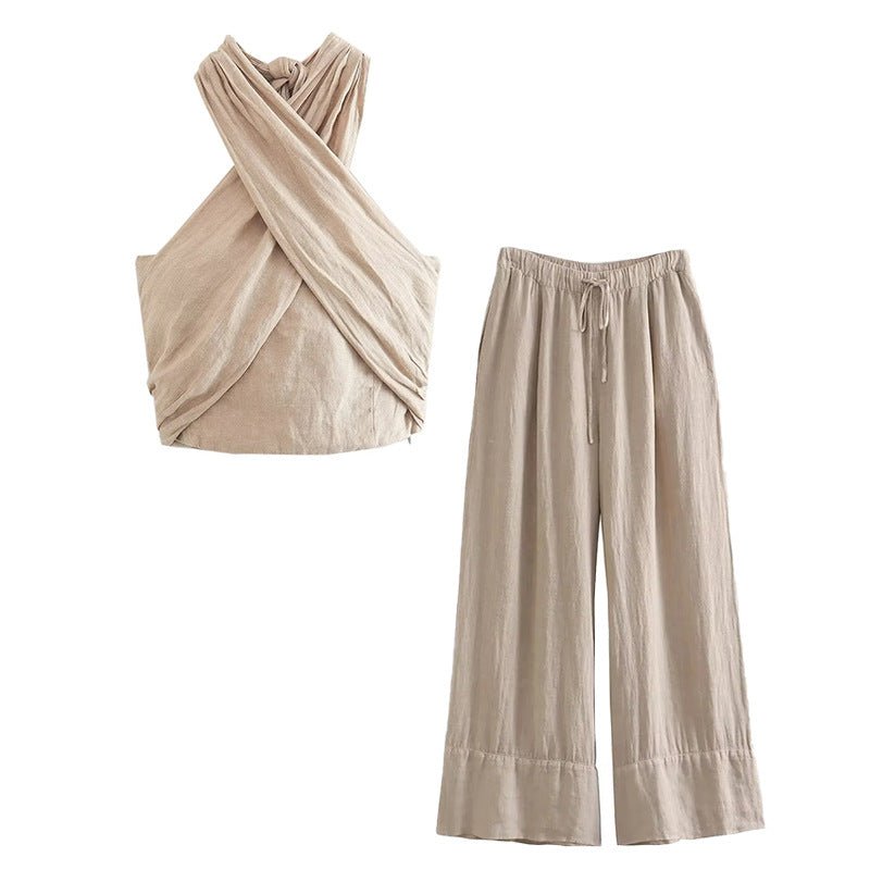 Women Two - Piece Set Elegant Cross Wrap Crop Top & Wide Leg Pants Set casual outfit boutique fashion - BespokeX Wear