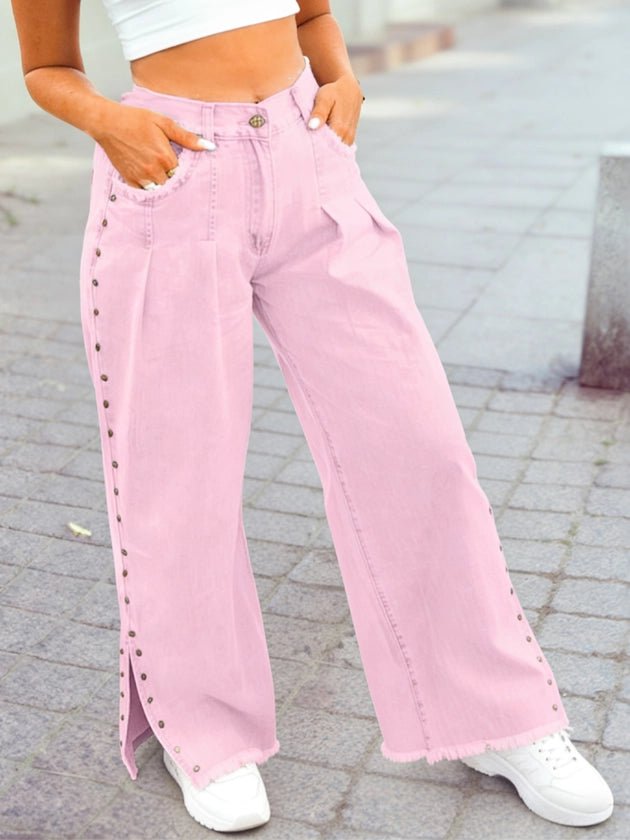 Women Wide - Leg Jeans Edgy Studded Side - Slit Wide - Leg Jeans casual outfit boutique fashion - BespokeX Wear
