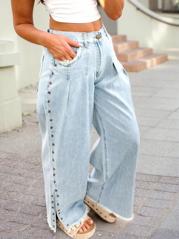 Women Wide - Leg Jeans Edgy Studded Side - Slit Wide - Leg Jeans casual outfit boutique fashion - BespokeX Wear