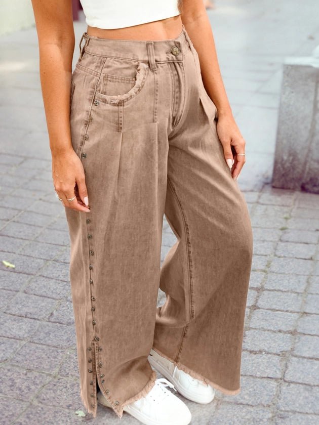 Women Wide - Leg Jeans Edgy Studded Side - Slit Wide - Leg Jeans casual outfit boutique fashion - BespokeX Wear