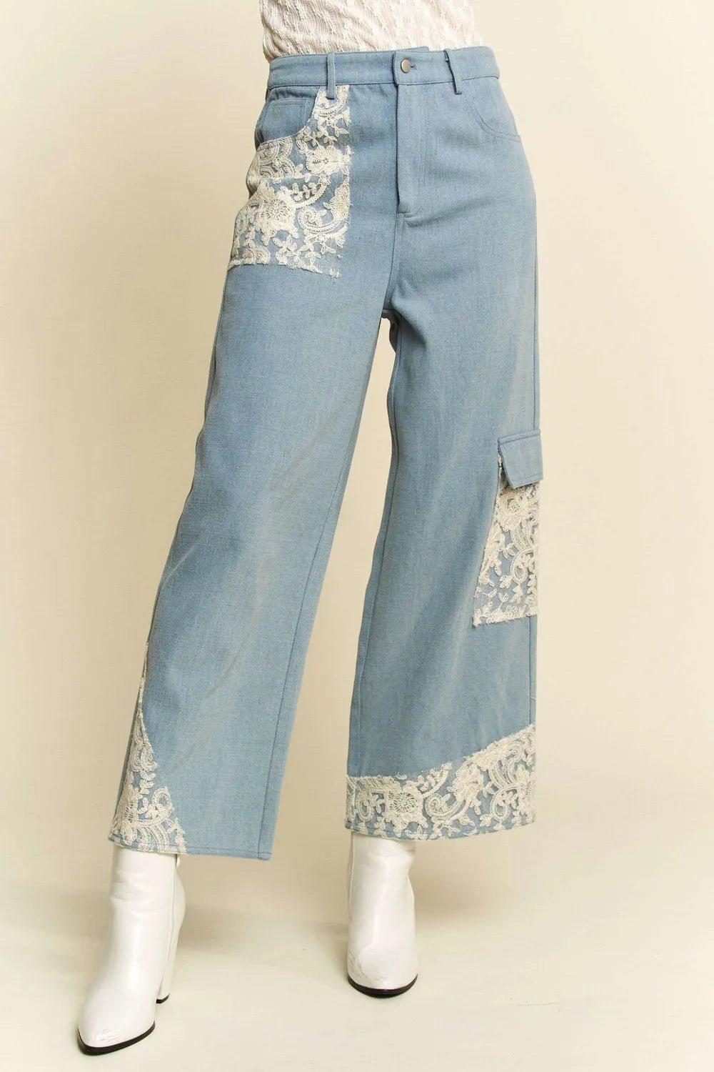 Women Wide Leg Jeans Lace Accent Wide - Leg Denim Jeans for Women casual outfit boutique fashion - BespokeX Wear