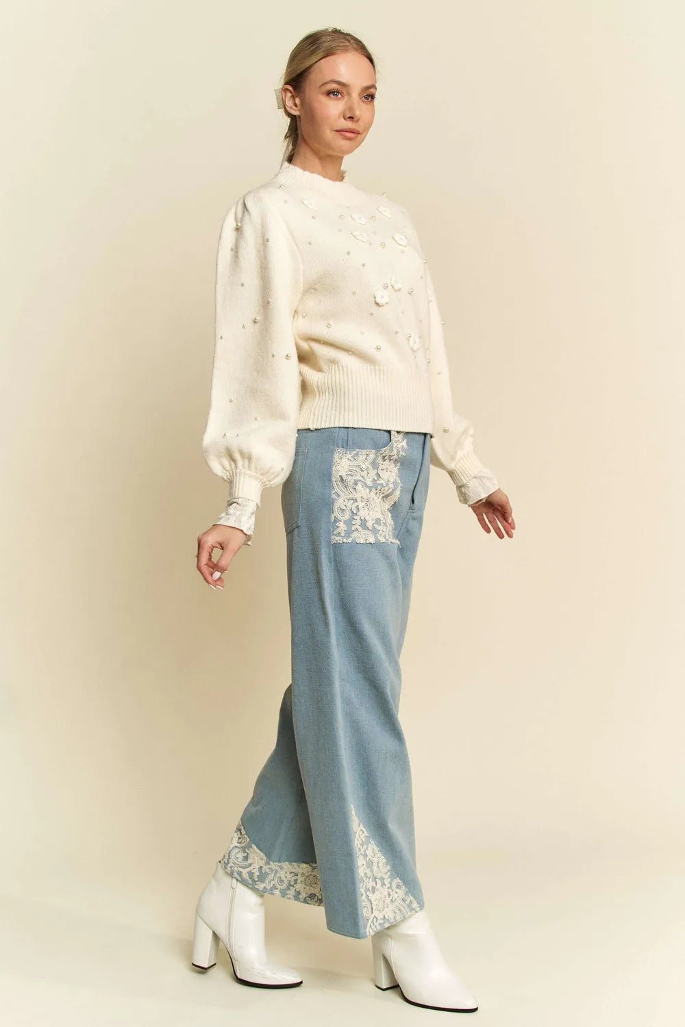 Women Wide Leg Jeans Lace Accent Wide - Leg Denim Jeans for Women casual outfit boutique fashion - BespokeX Wear