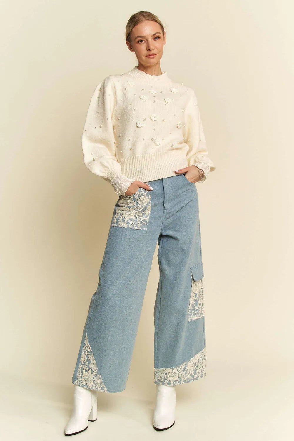 Women Wide Leg Jeans Lace Accent Wide - Leg Denim Jeans for Women casual outfit boutique fashion - BespokeX Wear
