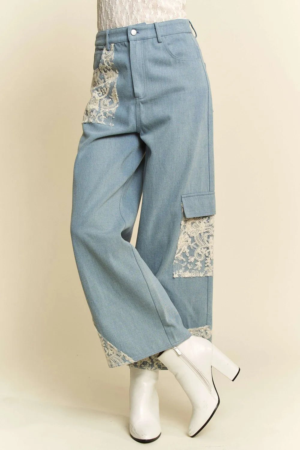 Women Wide Leg Jeans Lace Accent Wide - Leg Denim Jeans for Women casual outfit boutique fashion - BespokeX Wear