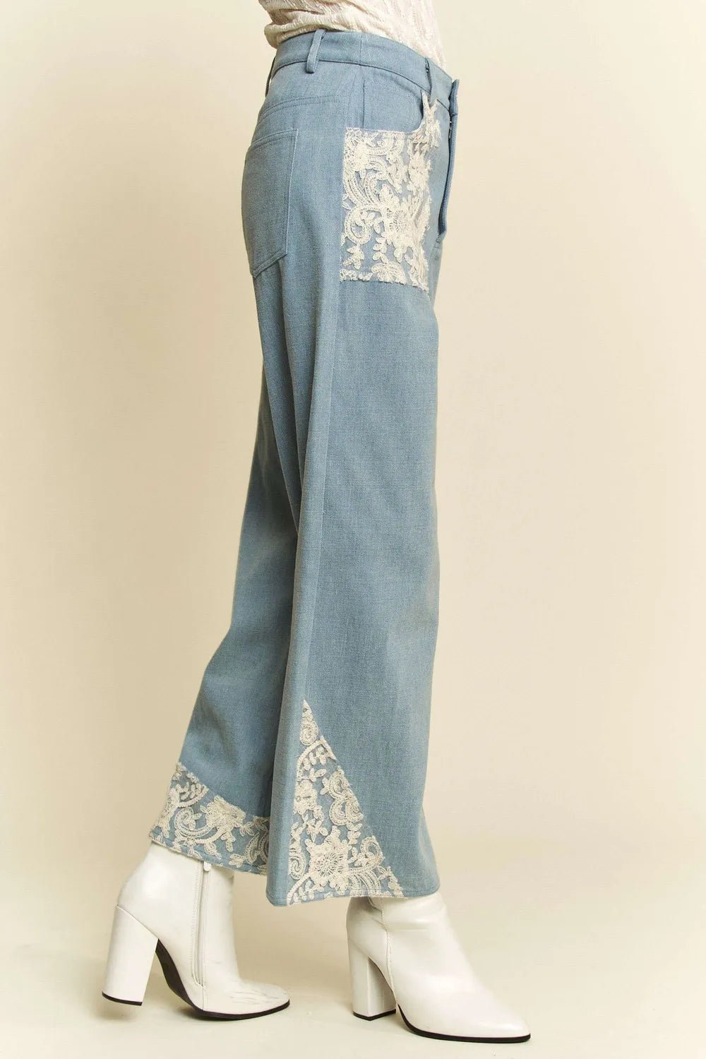 Women Wide Leg Jeans Lace Accent Wide - Leg Denim Jeans for Women casual outfit boutique fashion - BespokeX Wear