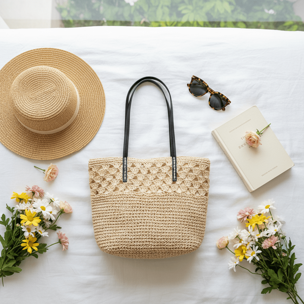 Women Women's Accessories Knitted Straw Tote Bag - Large Summer Tote with Faux Leather Handles casual outfit boutique fashion - BespokeX Wear