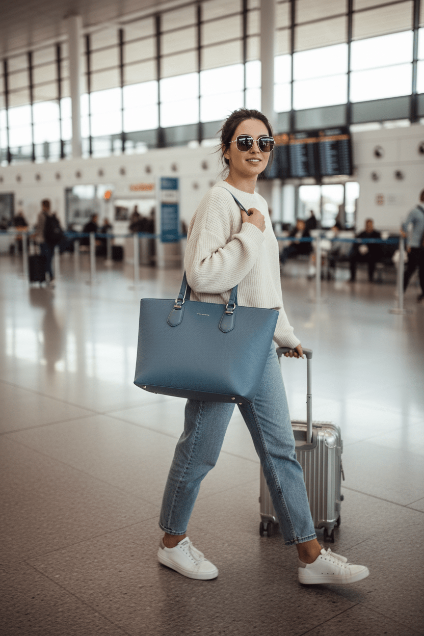 Woman carrying minimalist leather tote bag - everyday handbag styling