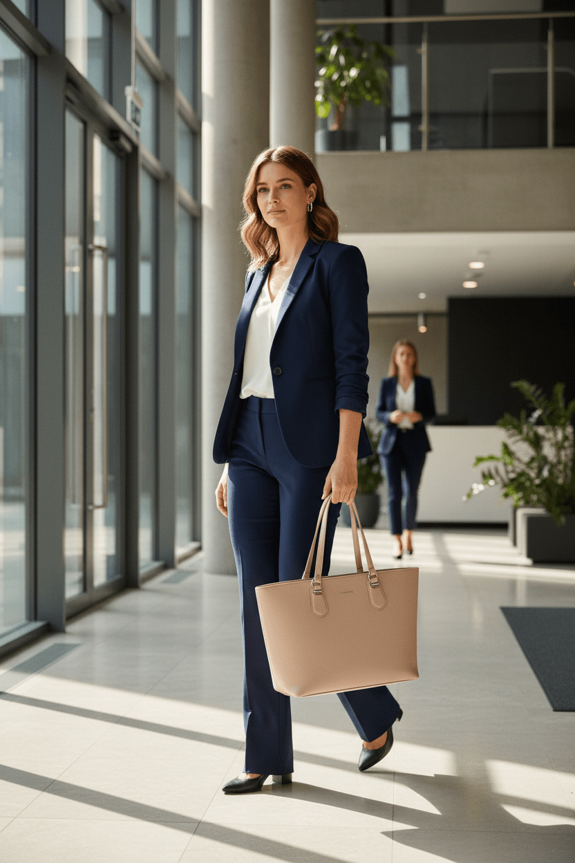 Side view of minimalist leather tote bag showing depth and structure