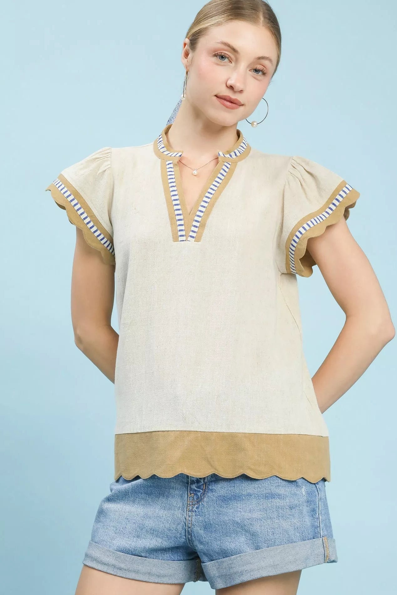 Women Women’s Blouse Umgee Contrast Scallop Trim Top – Oatmeal casual outfit boutique fashion - BespokeX Wear