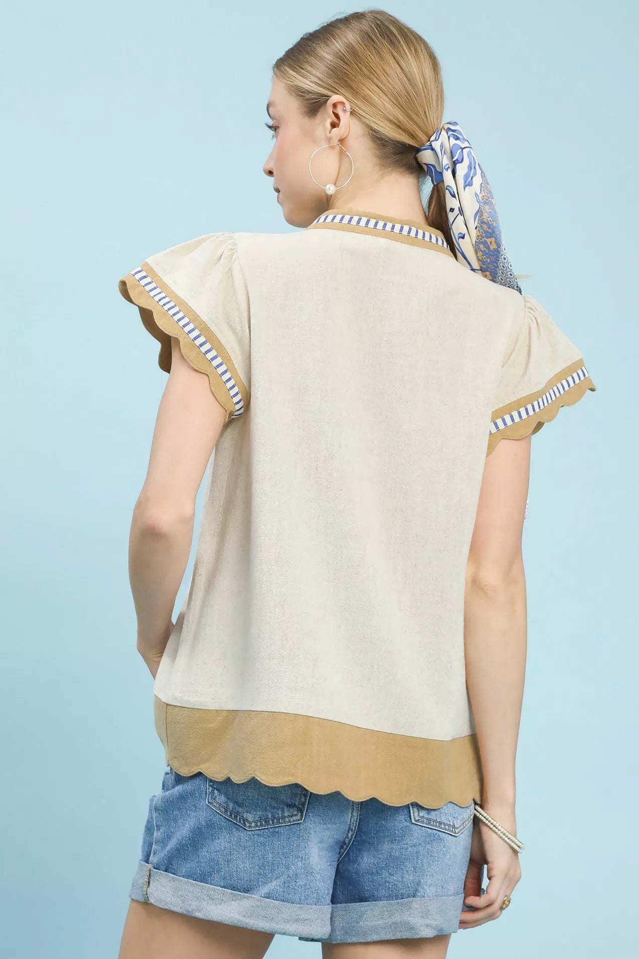 Women Women’s Blouse Umgee Contrast Scallop Trim Top – Oatmeal casual outfit boutique fashion - BespokeX Wear